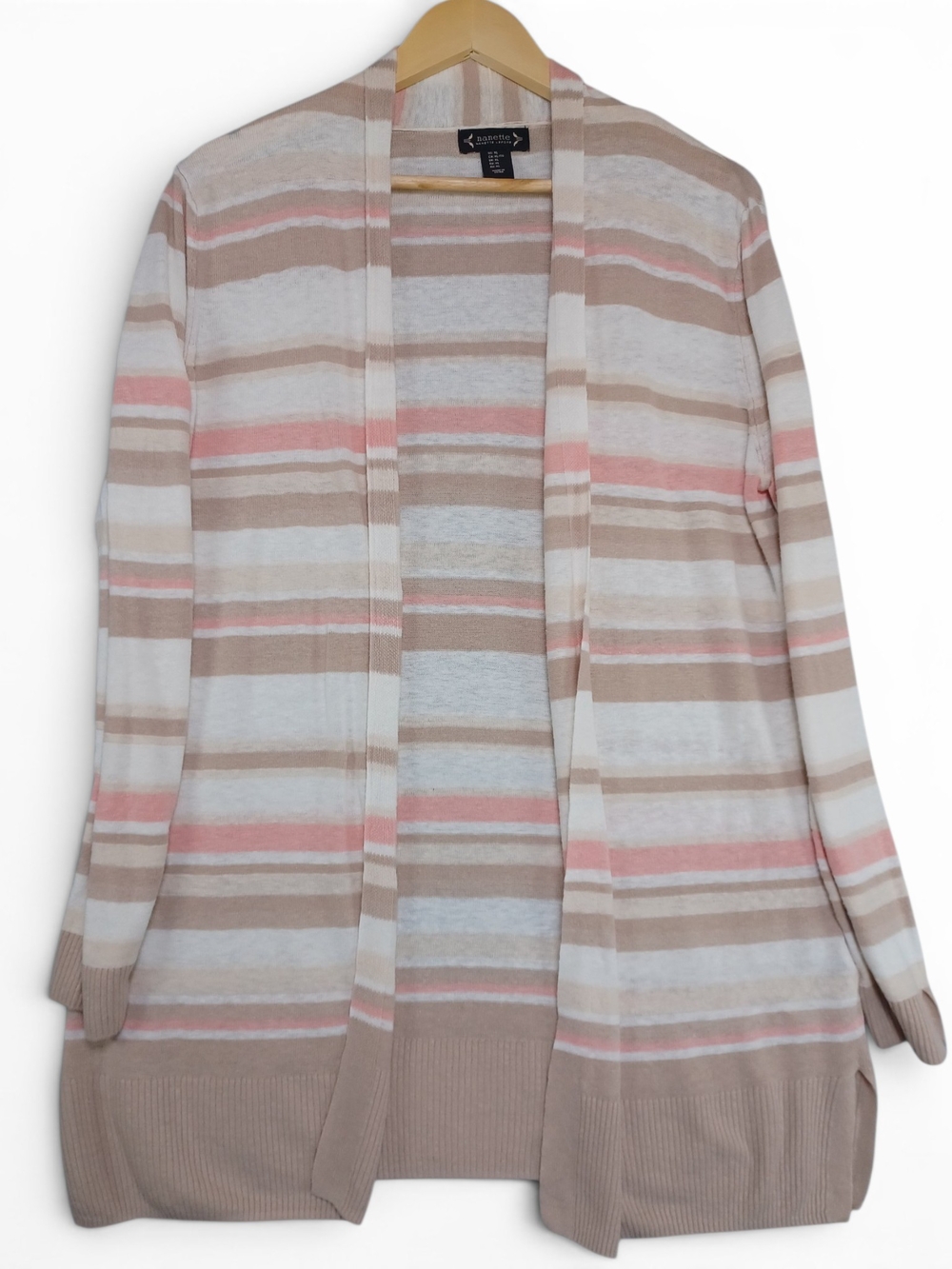 Linen Blend Open Front Cardigan XL Pink Beige Stripe Coastal Resort Hamptons - Picture 2 of 11